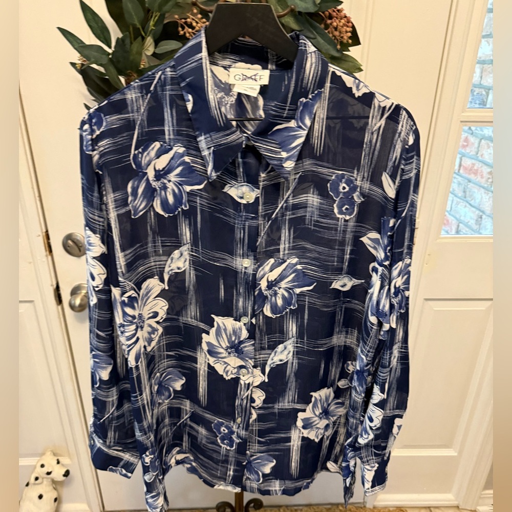 Graff Vintage Large Floral Print Semi Sheer Lightweight Button Down Shirt LS XL
